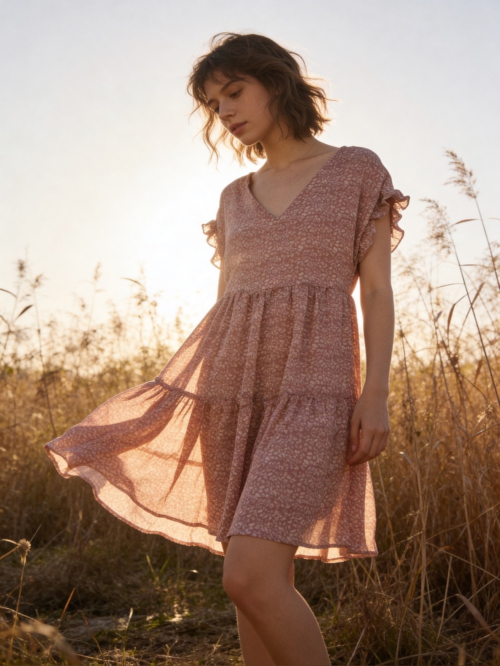 Women's Floral V-Neck Dusty Rose Tiered Dress (NWOT)